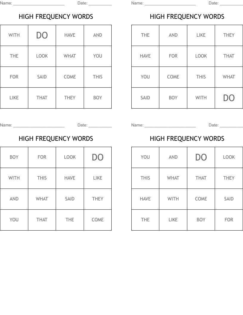 HIGH FREQUENCY WORDS Bingo Cards