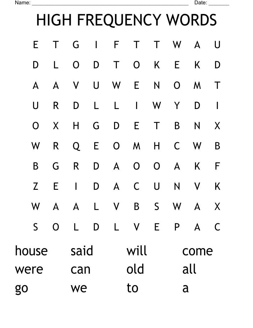HIGH FREQUENCY WORDS Word Search