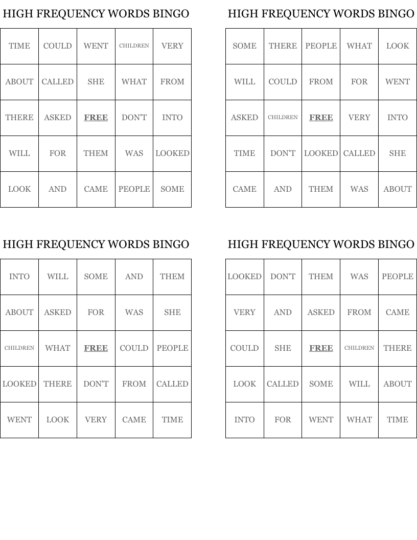 HIGH FREQUENCY WORDS BINGO