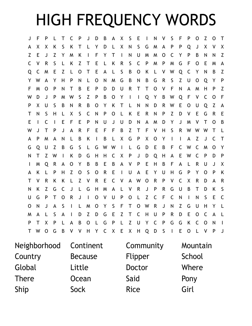HIGH FREQUENCY WORDS  Word Search