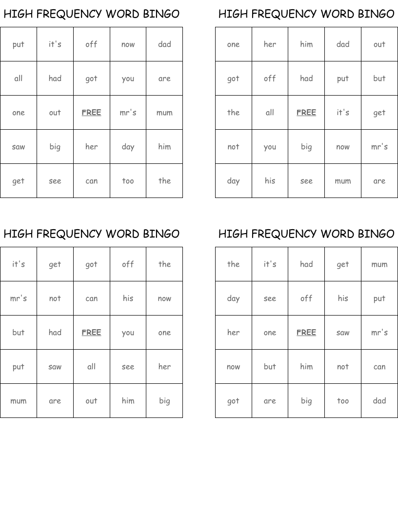 HIGH FREQUENCY WORD BINGO