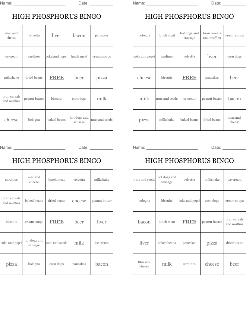 HIGH PHOSPHORUS BINGO