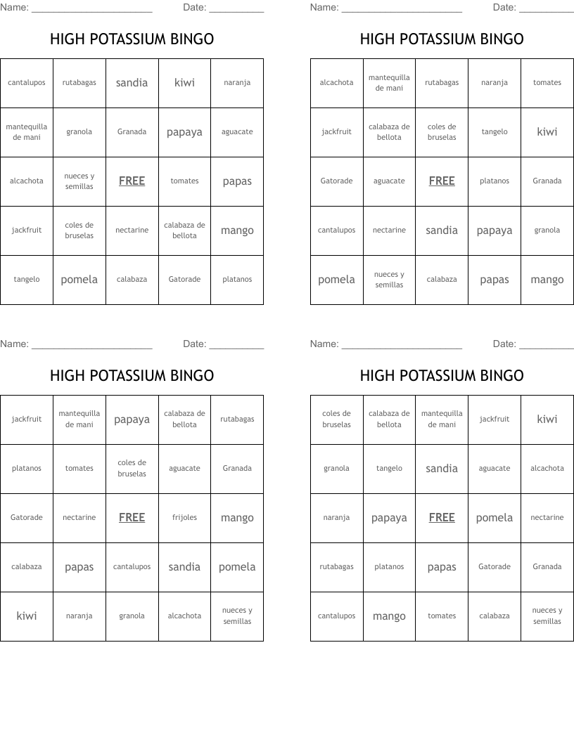 HIGH POTASSIUM BINGO