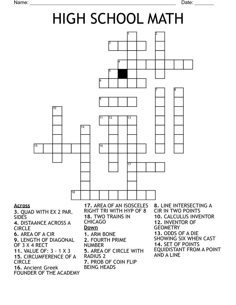 HIGH SCHOOL MATH Crossword