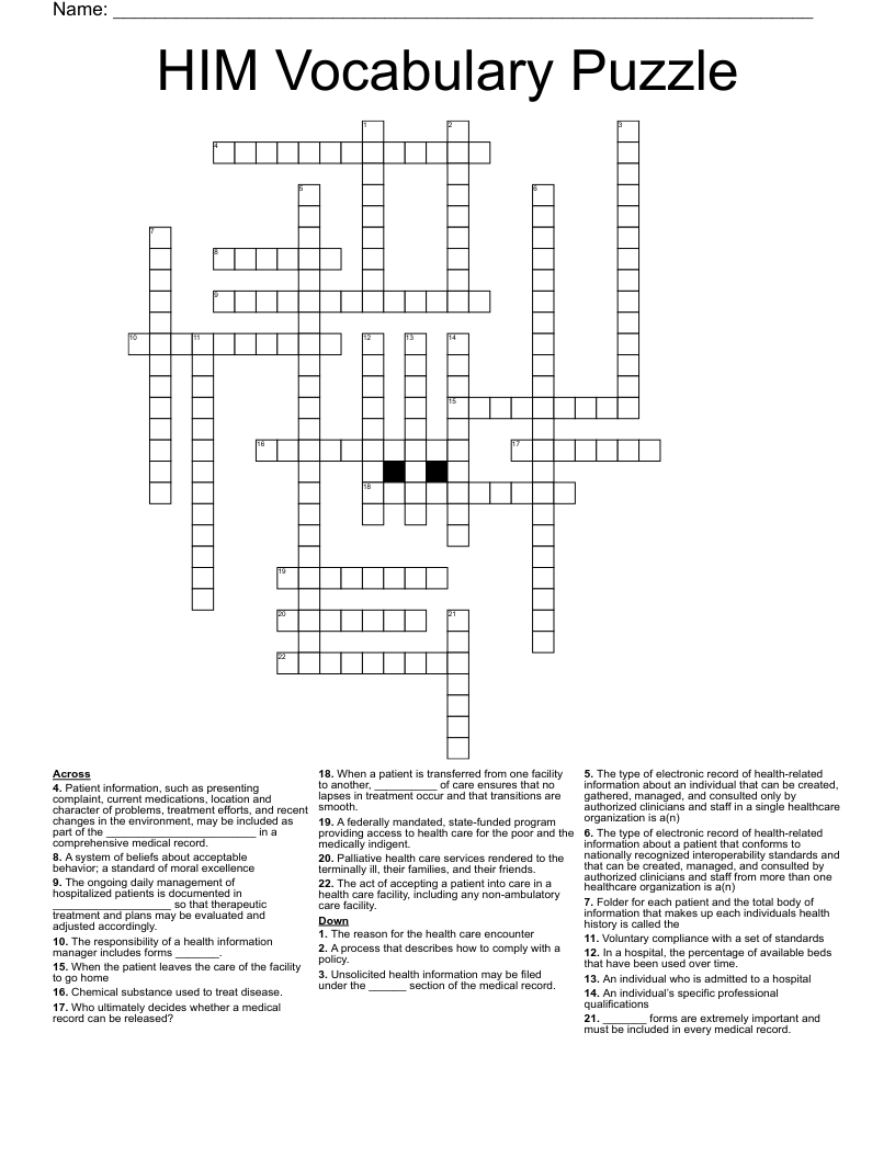 HIM Vocabulary Puzzle Crossword