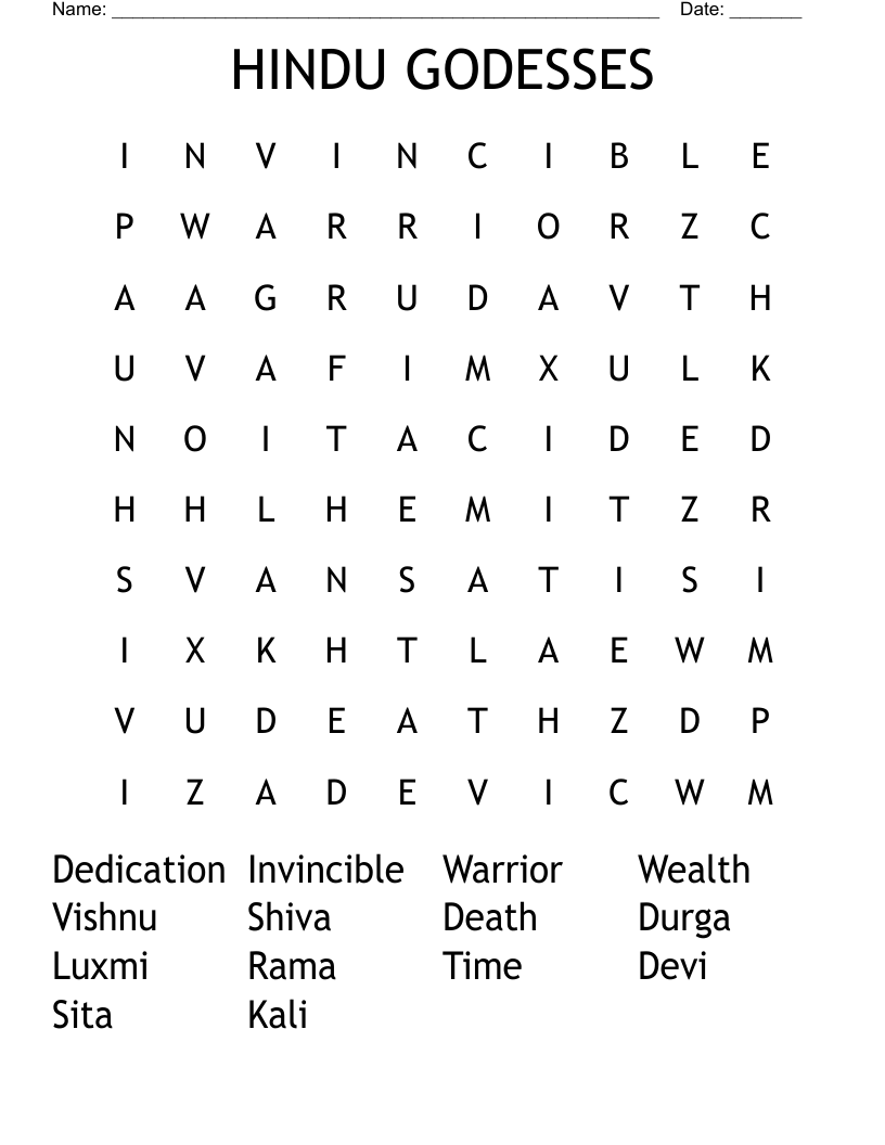 HINDU GODESSES Word Search