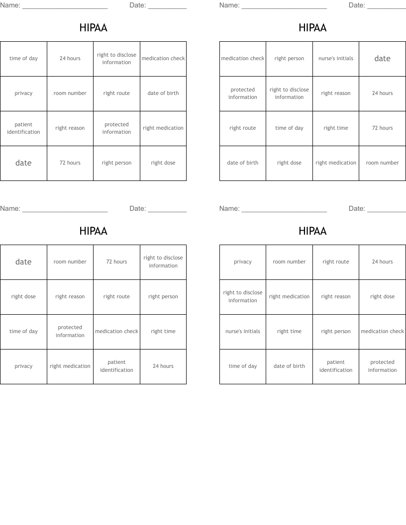 HIPAA Bingo Cards
