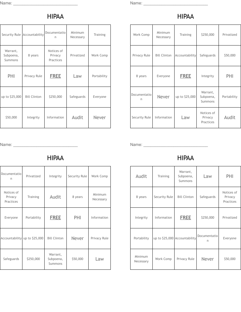 HIPAA Bingo Cards