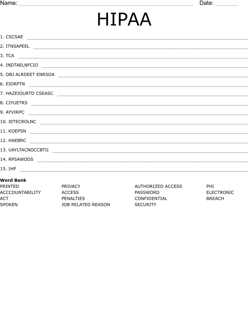 HIPAA Word Scramble