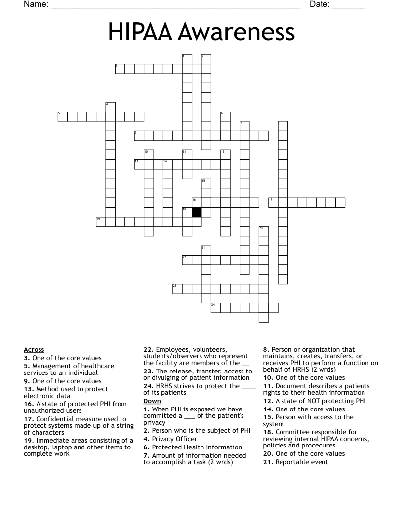 HIPAA Awareness Crossword
