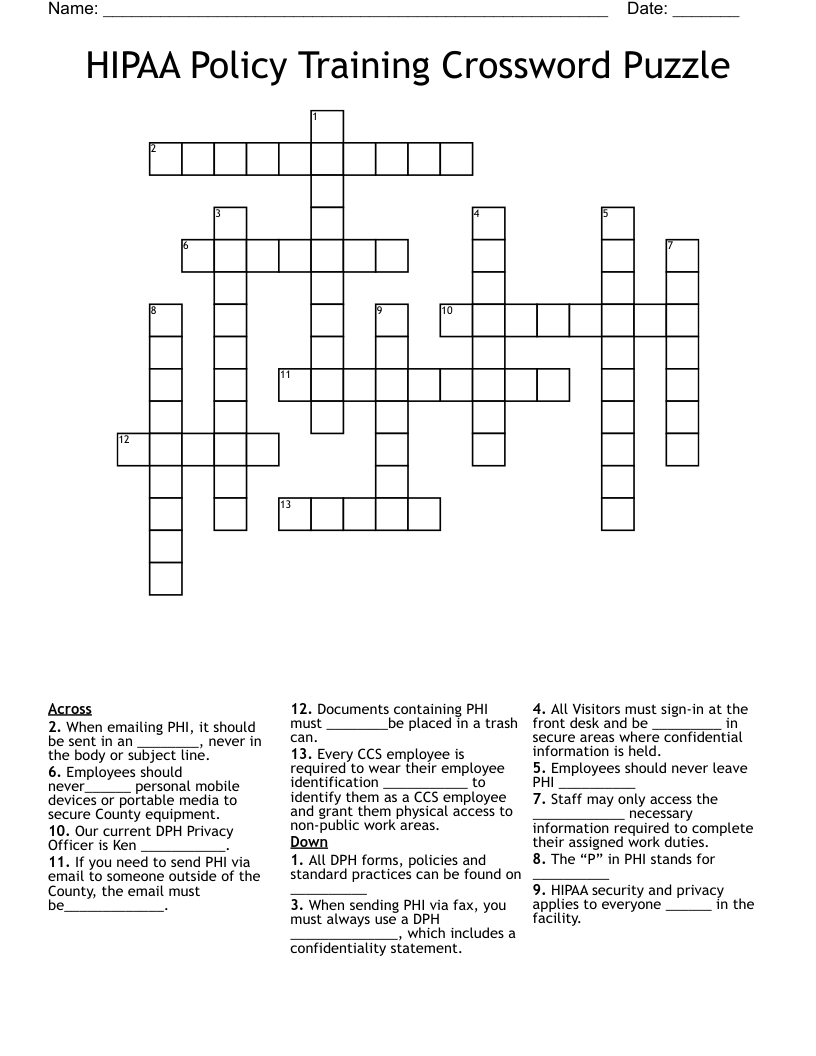 HIPAA Policy Training Crossword Puzzle