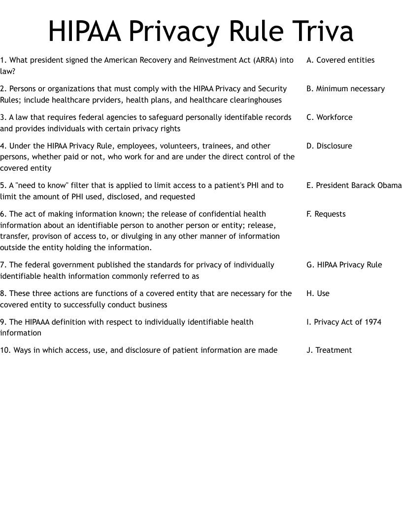 HIPAA Privacy Rule Triva Worksheet