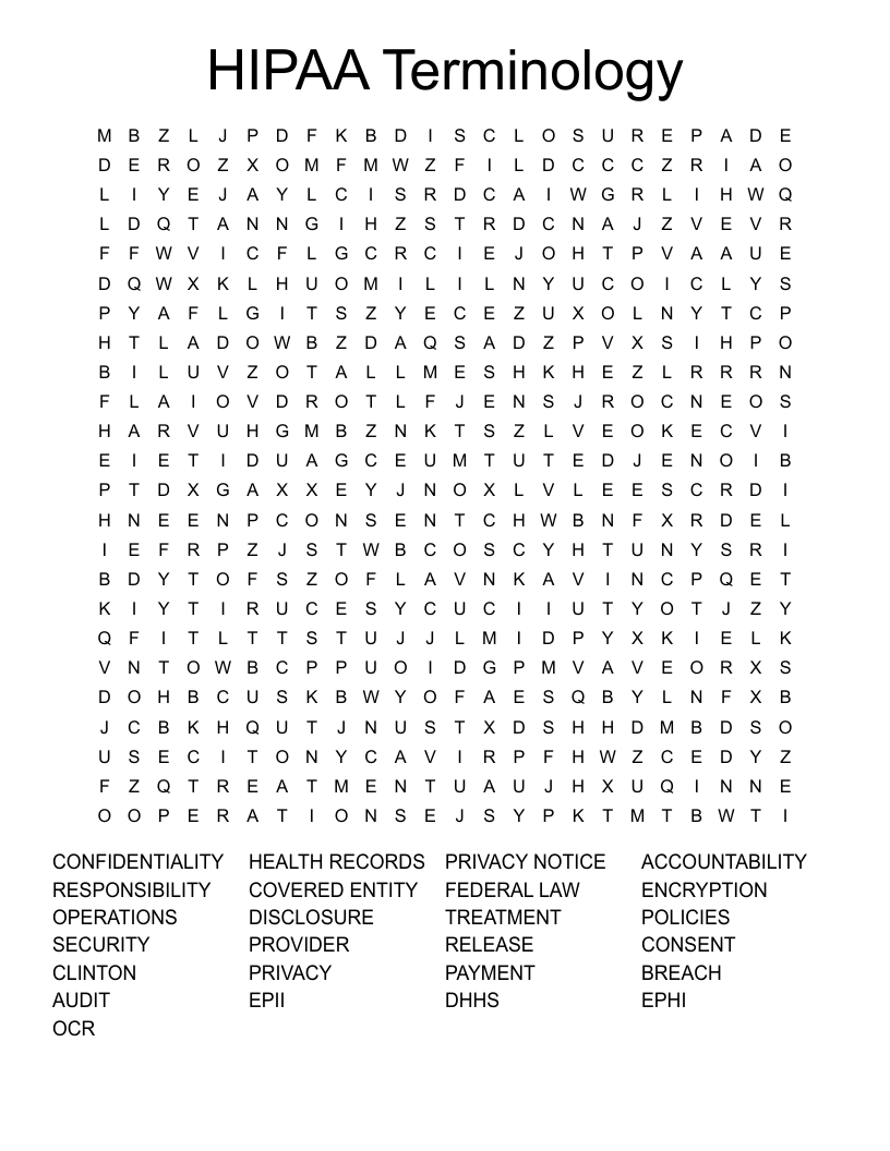 HIPAA Terminology Word Search