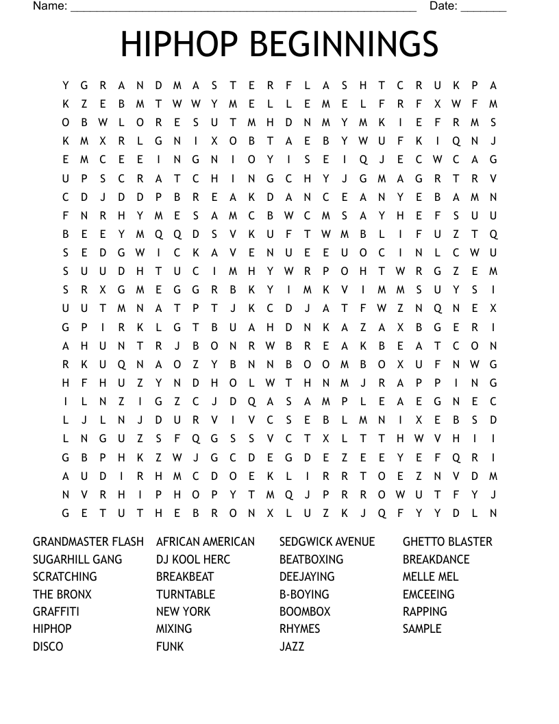 HIPHOP BEGINNINGS Word Search