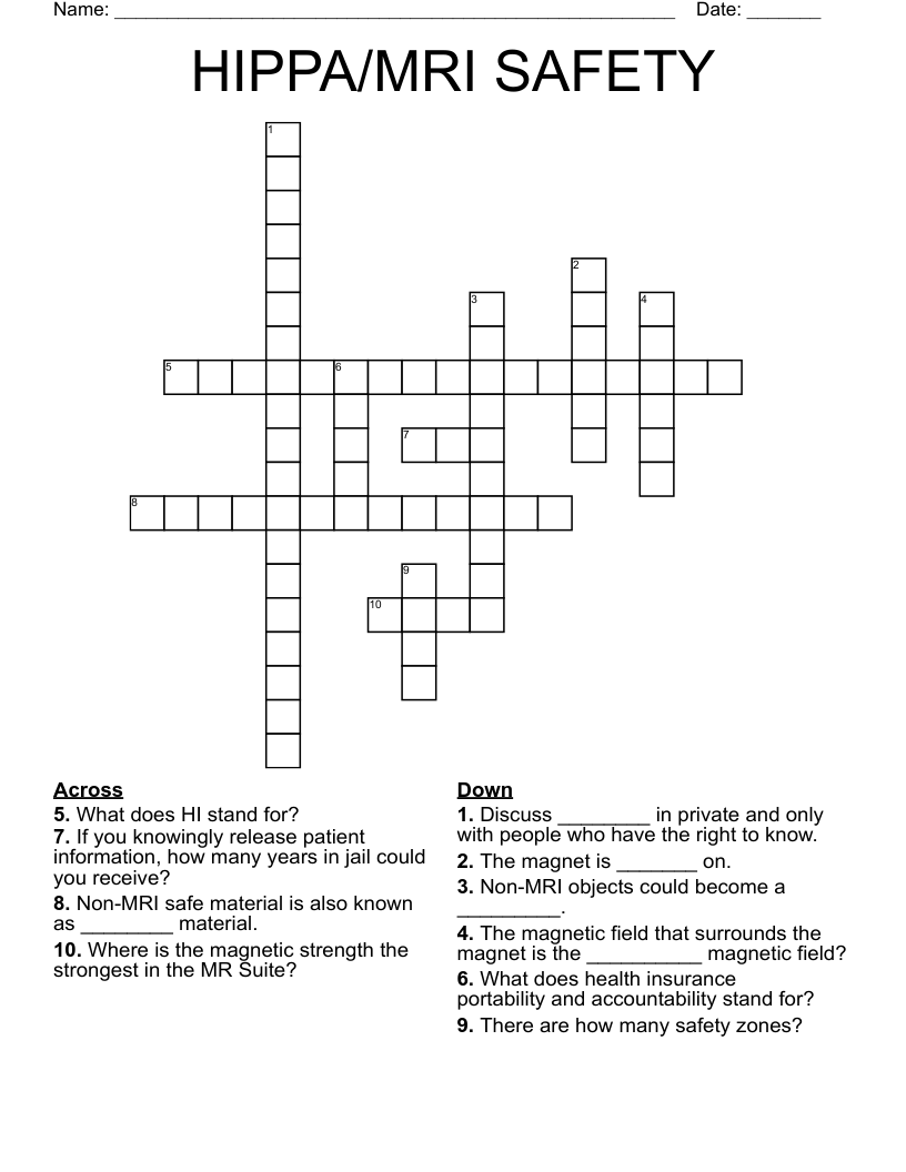 HIPPA/MRI SAFETY Crossword