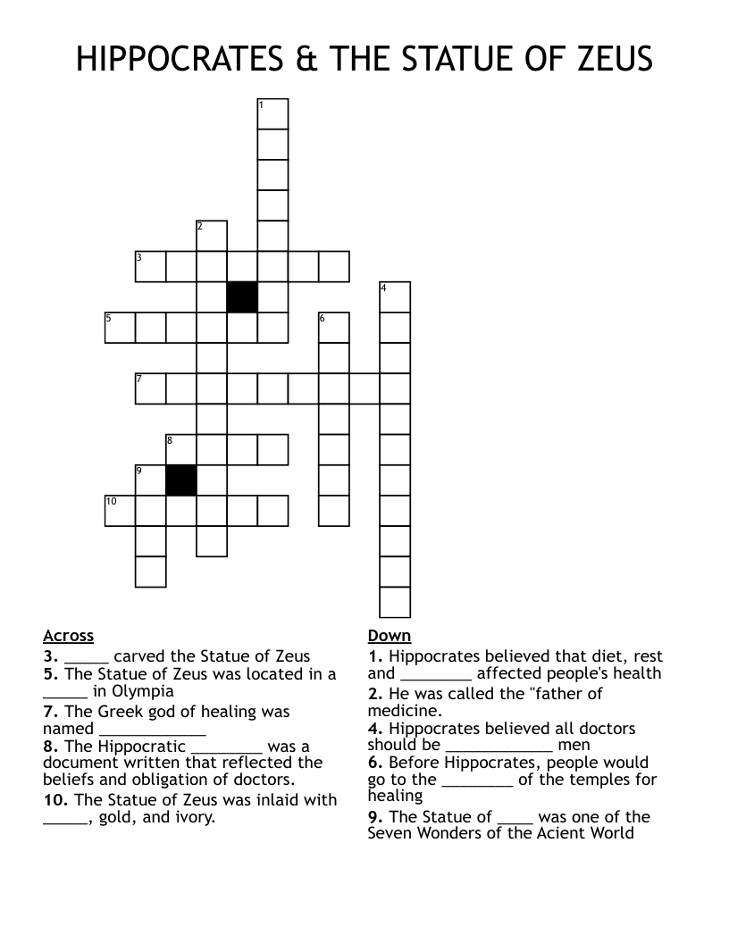 HIPPOCRATES & THE STATUE OF ZEUS Crossword