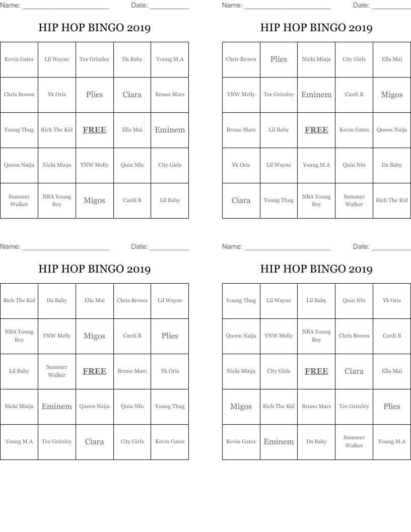 HIP HOP BINGO 2019