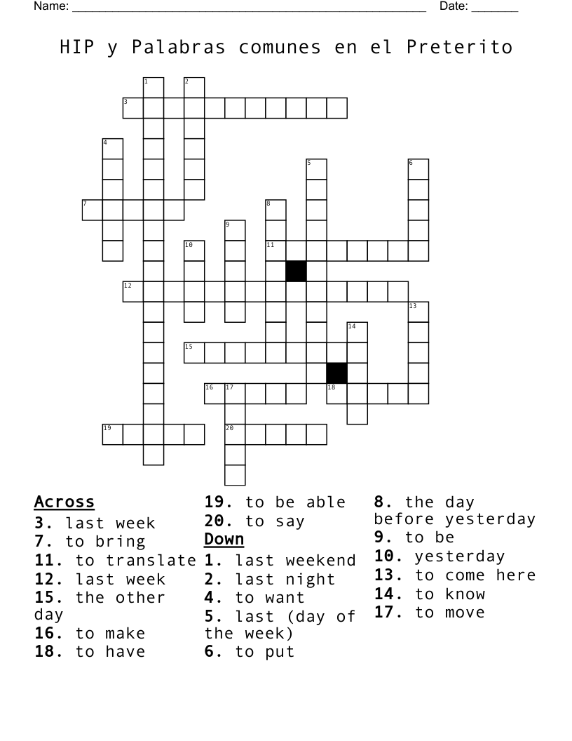 HIP y Palabras comunes en el Preterito Crossword