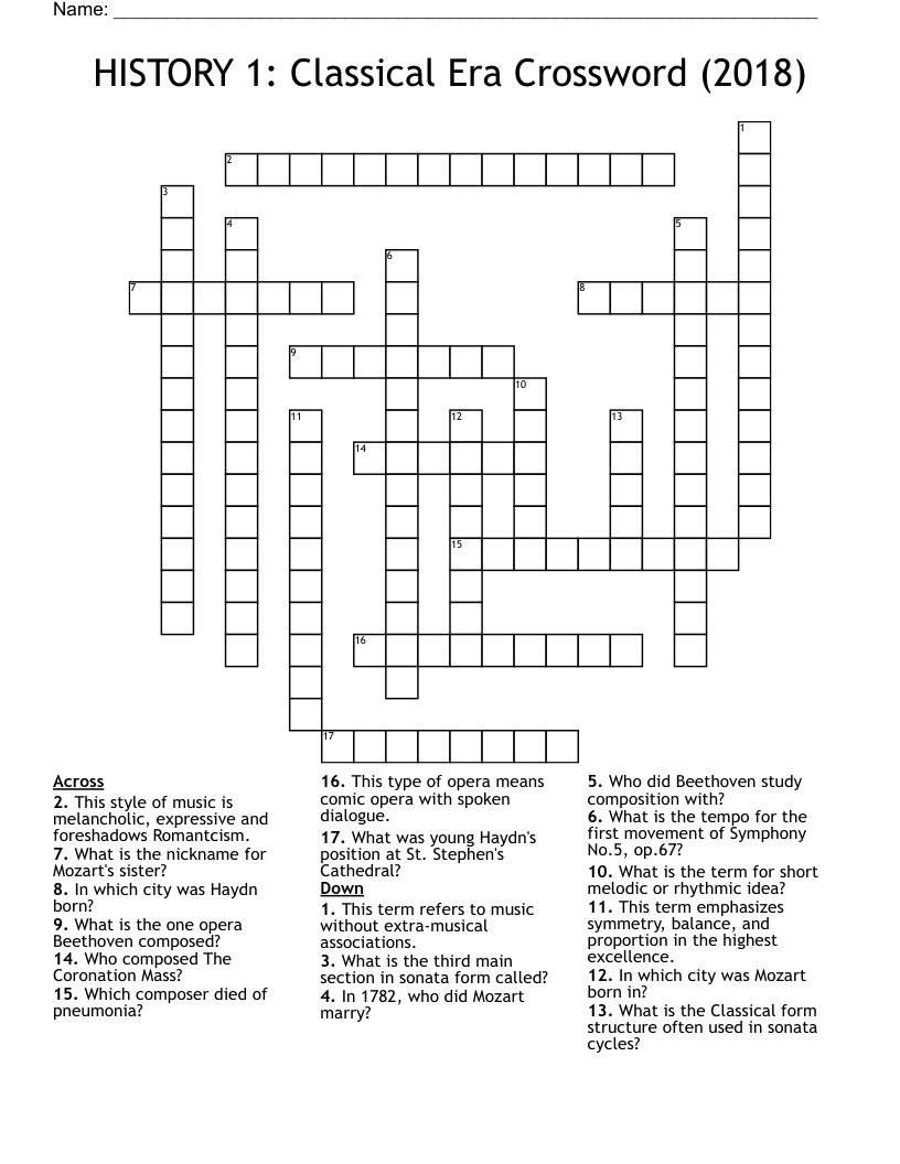 HISTORY 1: Classical Era Crossword (2018)