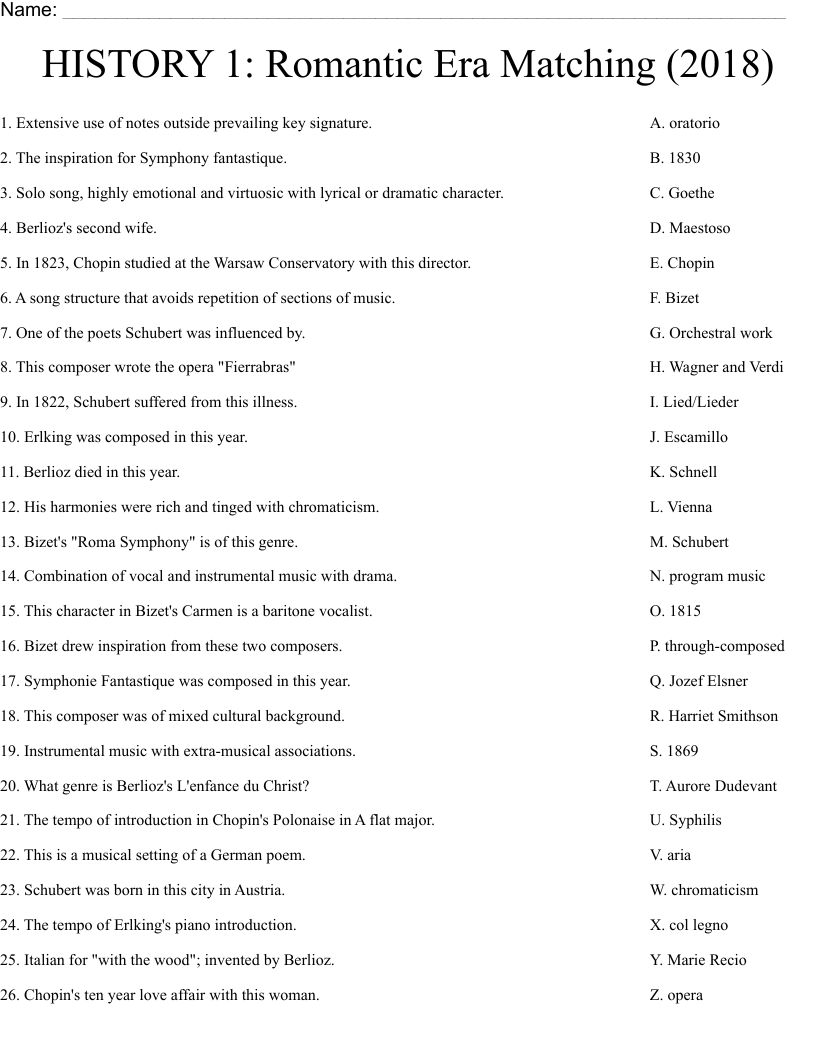 HISTORY 1: Romantic Era Matching (2018) Worksheet