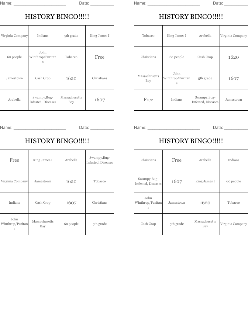 HISTORY BINGO!!!!!