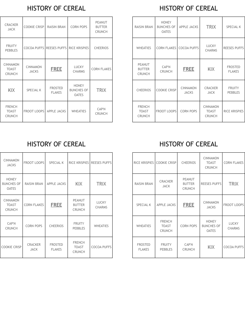 HISTORY OF CEREAL Bingo Cards