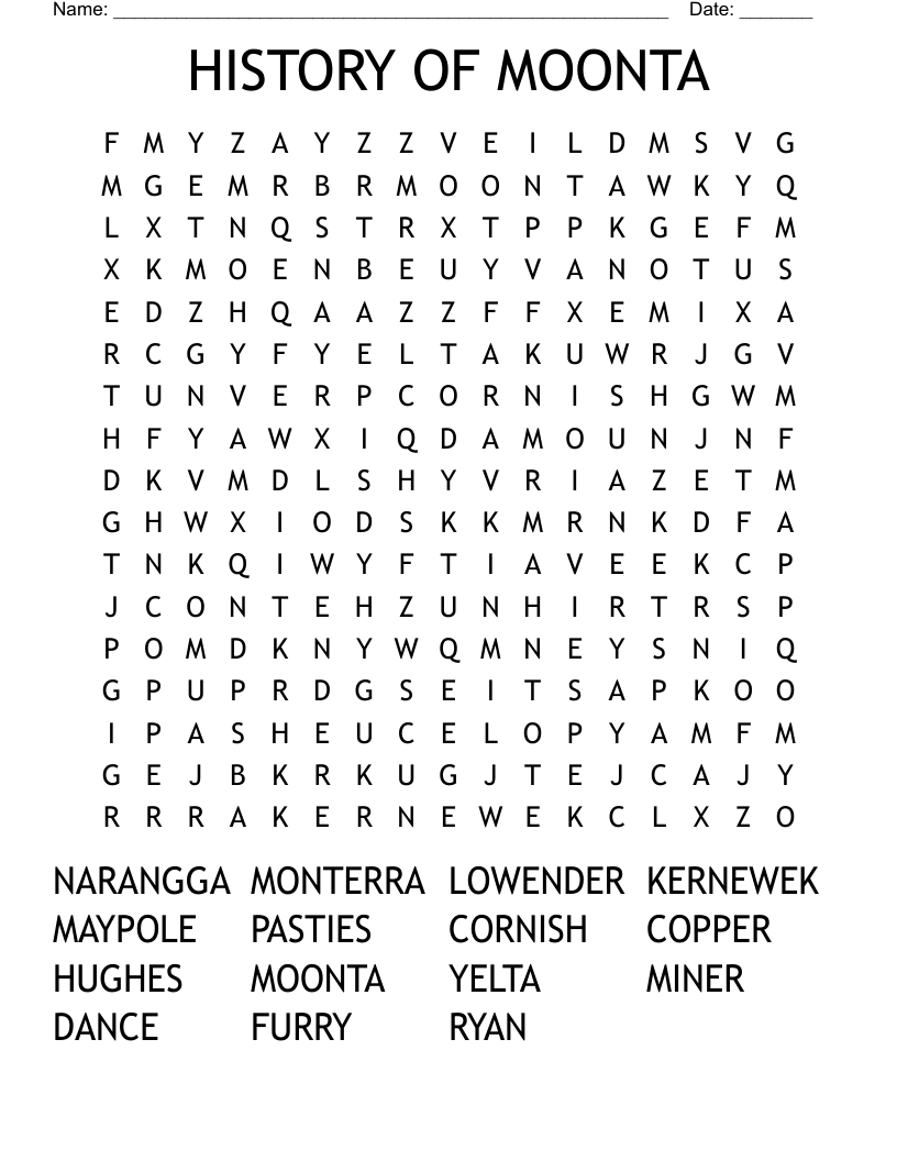 HISTORY OF MOONTA Word Search