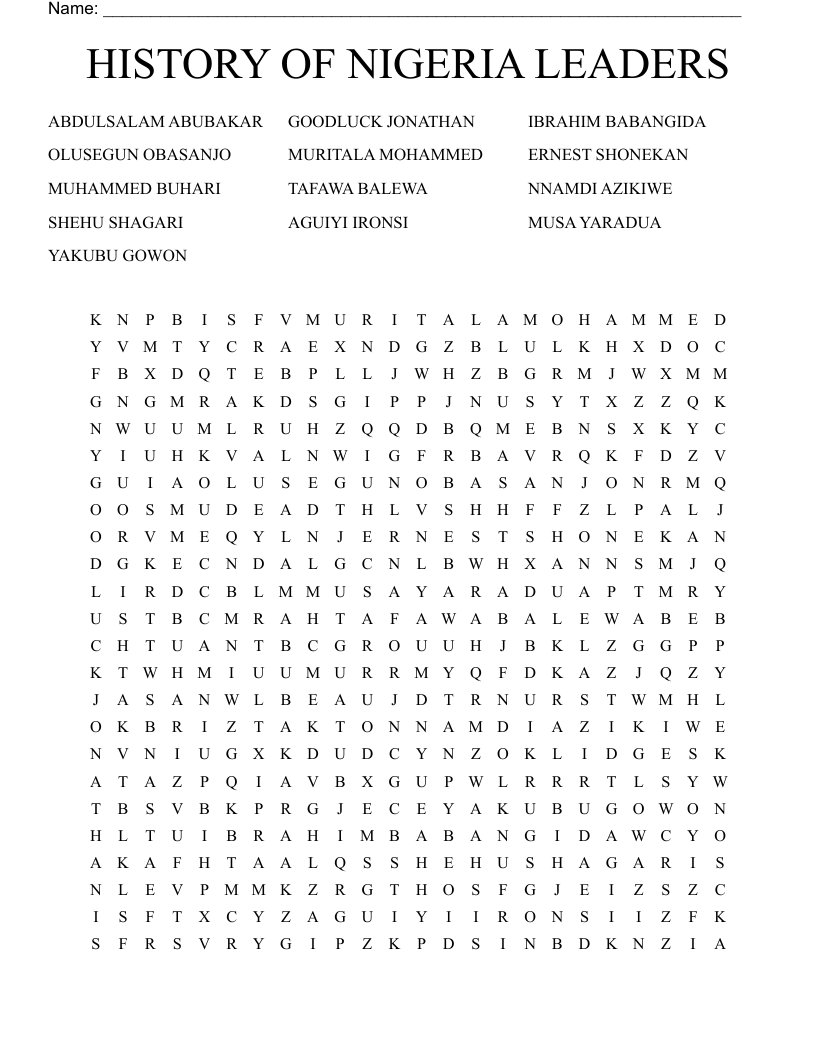 HISTORY OF NIGERIA LEADERS Word Search