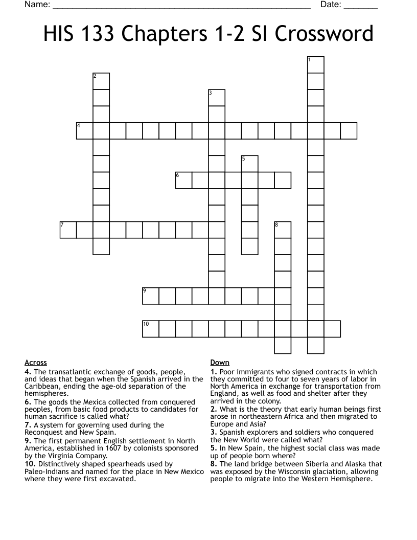 HIS 133 Chapters 1-2 SI Crossword