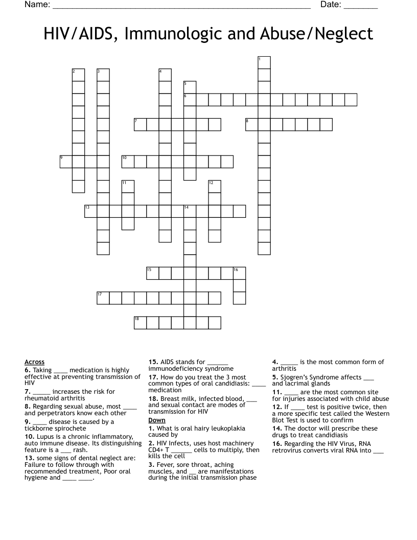 HIV/AIDS, Immunologic and Abuse/Neglect Crossword