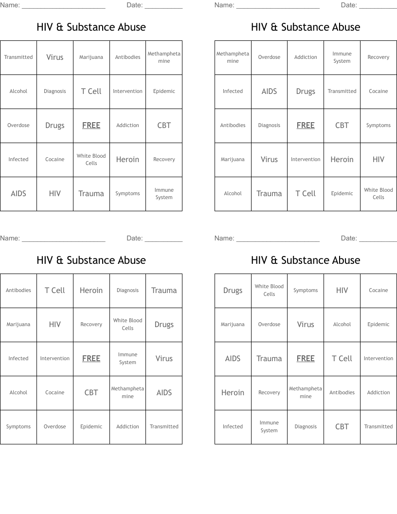 HIV & Substance Abuse Bingo Cards