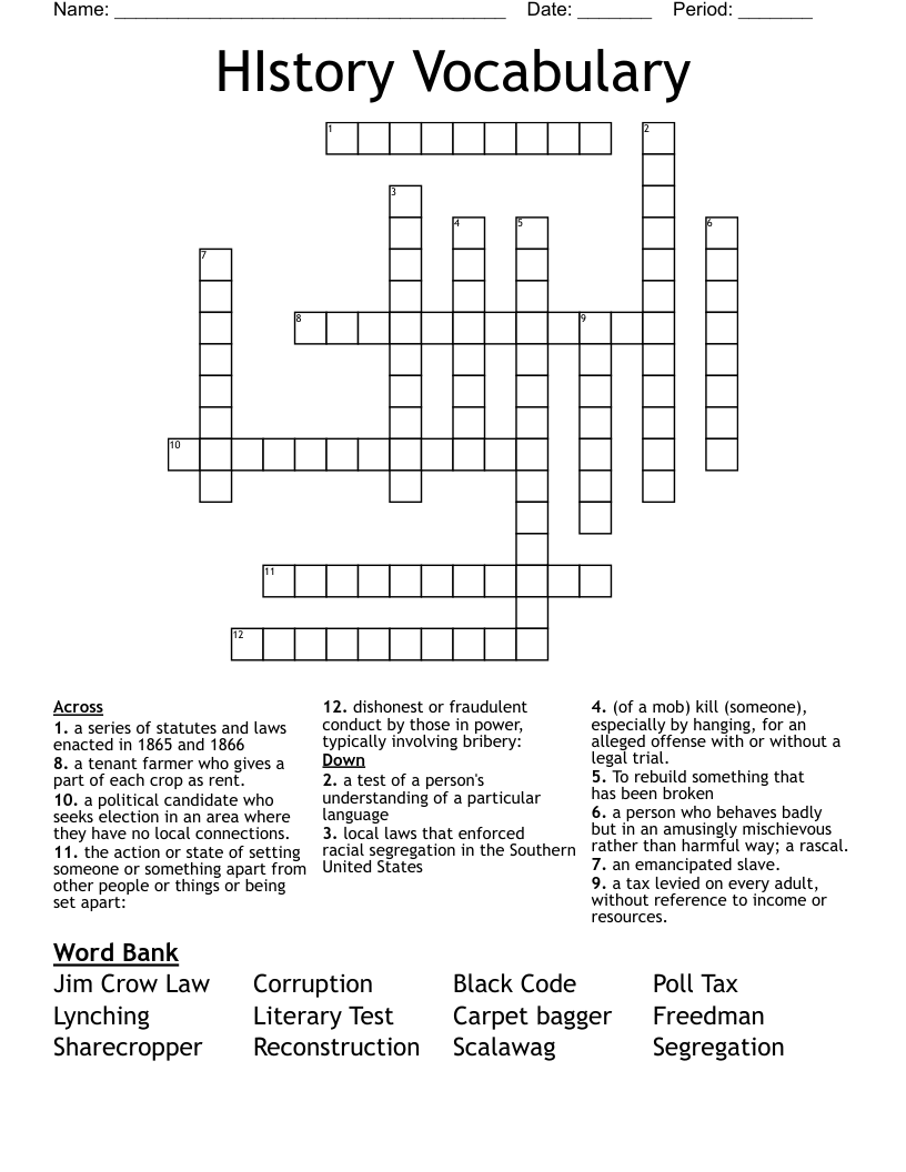 HIstory Vocabulary Crossword