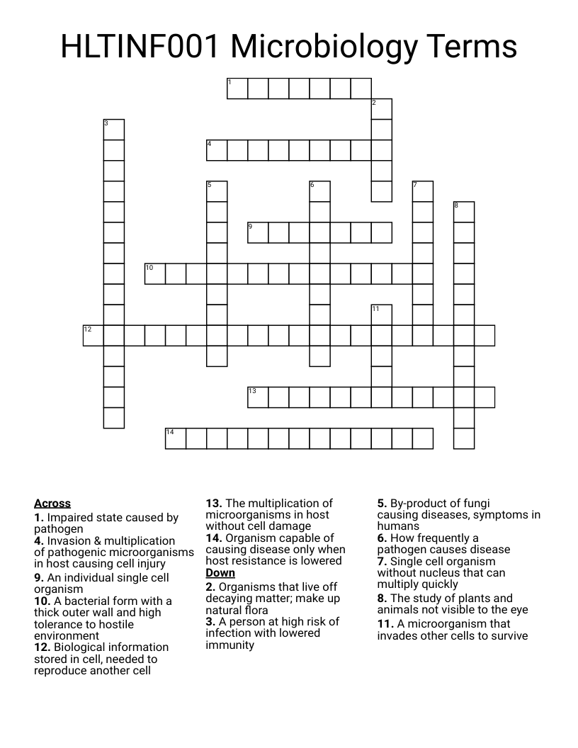 HLTINF001 Microbiology Terms Crossword