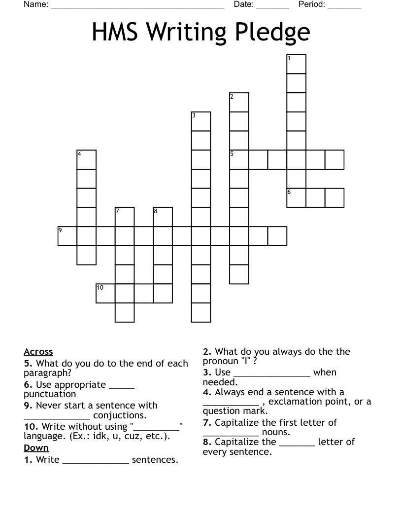 HMS Writing Pledge Crossword