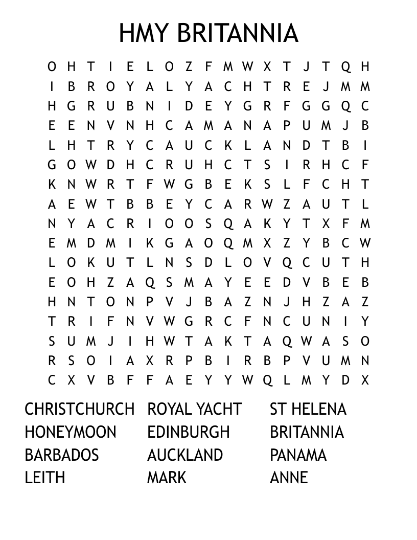 HMY BRITANNIA Word Search