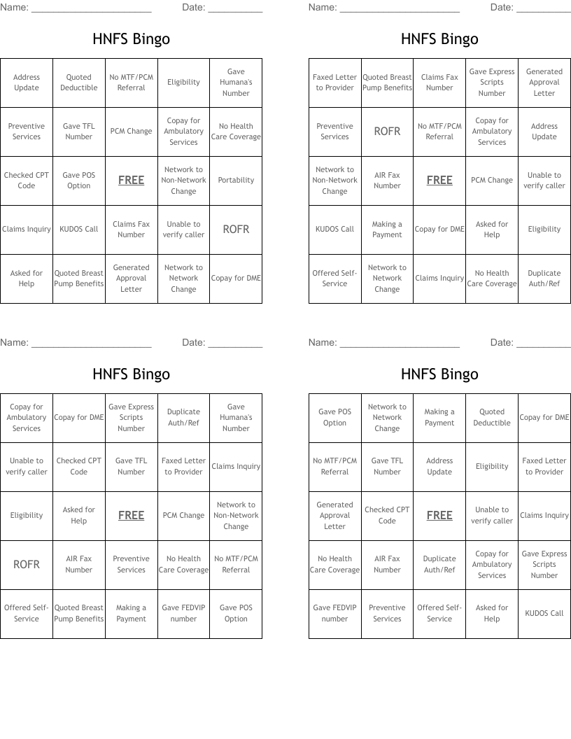 HNFS Bingo