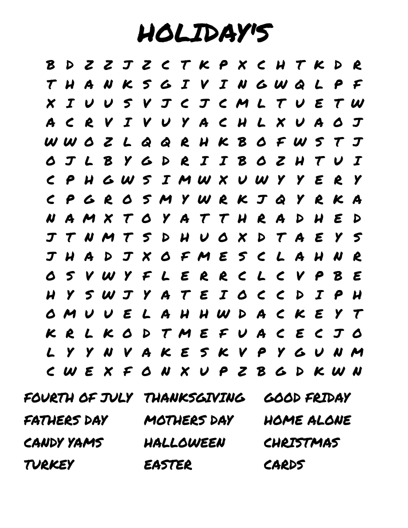 HOLIDAY'S Word Search