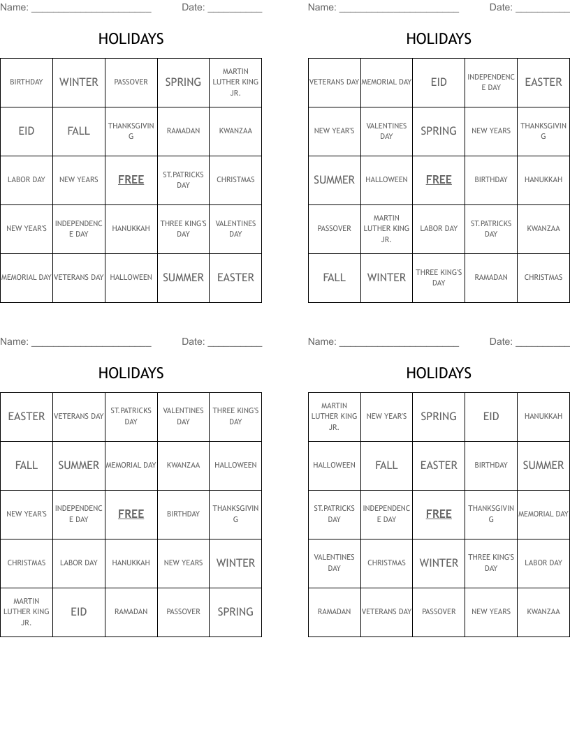 HOLIDAYS Bingo Cards