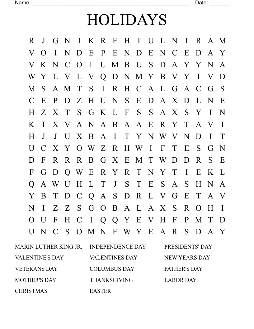 HOLIDAYS Word Search