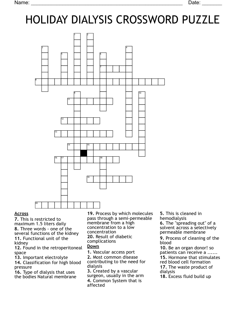 HOLIDAY DIALYSIS CROSSWORD PUZZLE