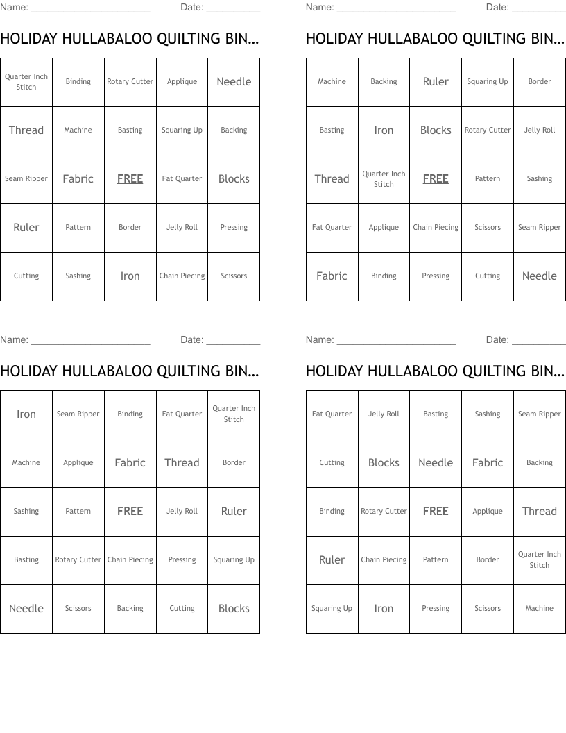 HOLIDAY HULLABALOO QUILTING BINGO