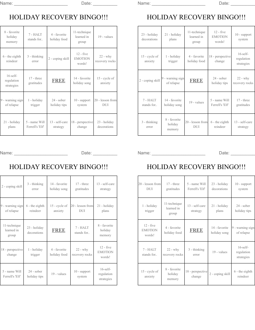 HOLIDAY RECOVERY BINGO!!!