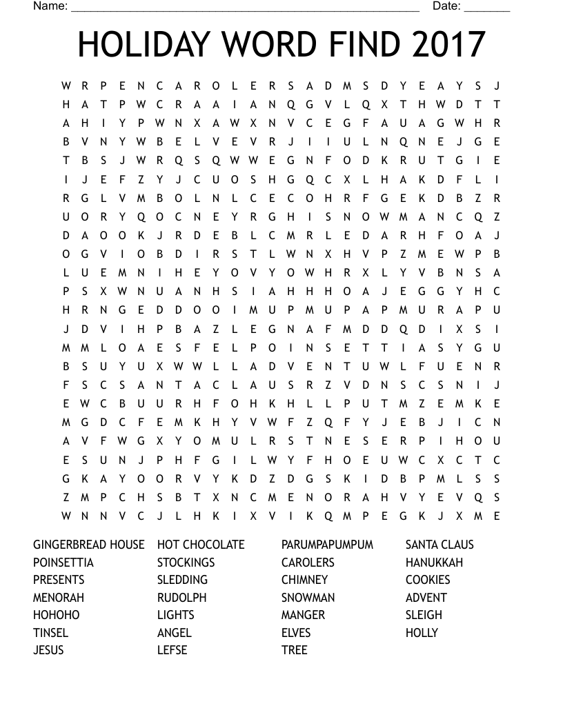 HOLIDAY WORD FIND 2017 Word Search