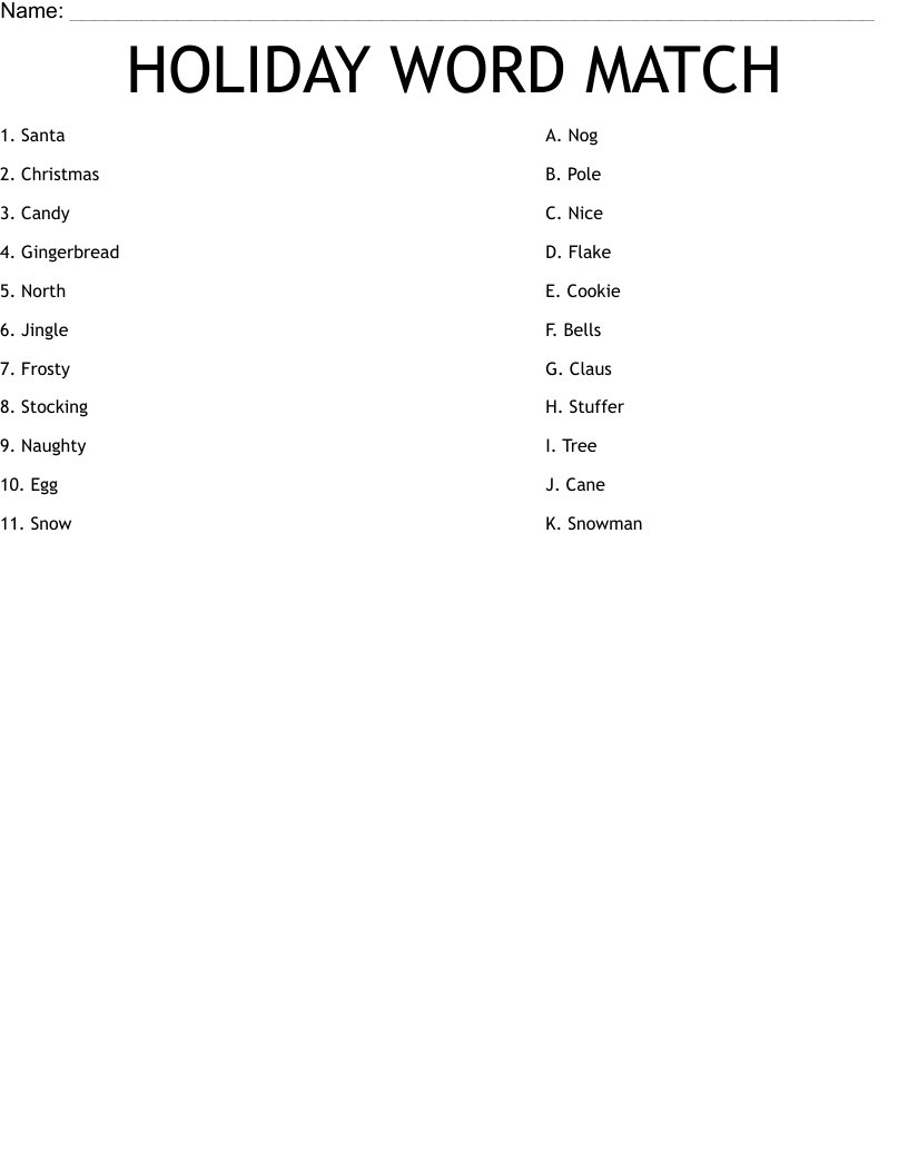 HOLIDAY WORD MATCH Worksheet