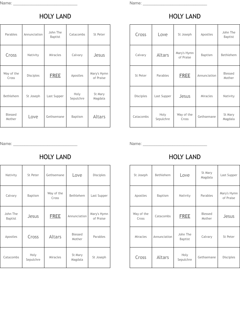 HOLY LAND  Bingo Cards