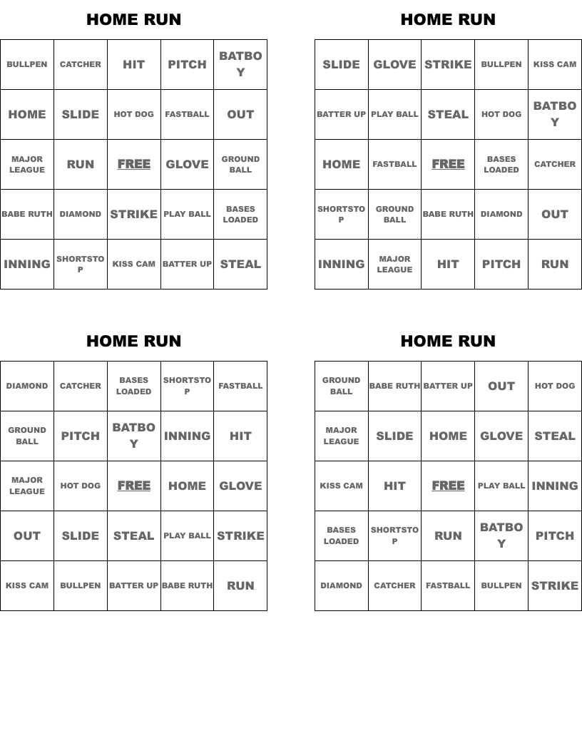 HOME RUN Bingo Cards