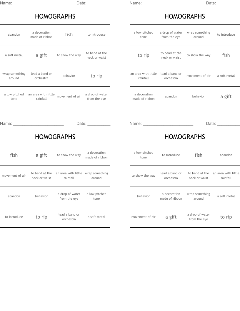 HOMOGRAPHS Bingo Cards