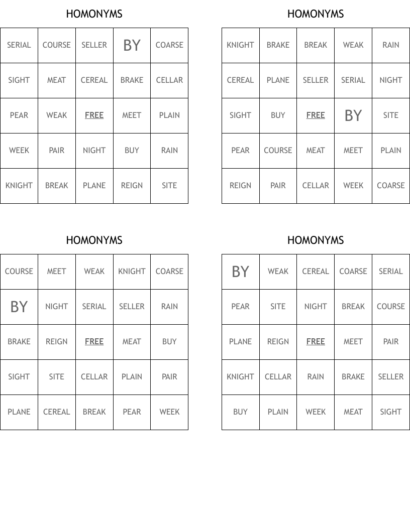 HOMONYMS Bingo Cards