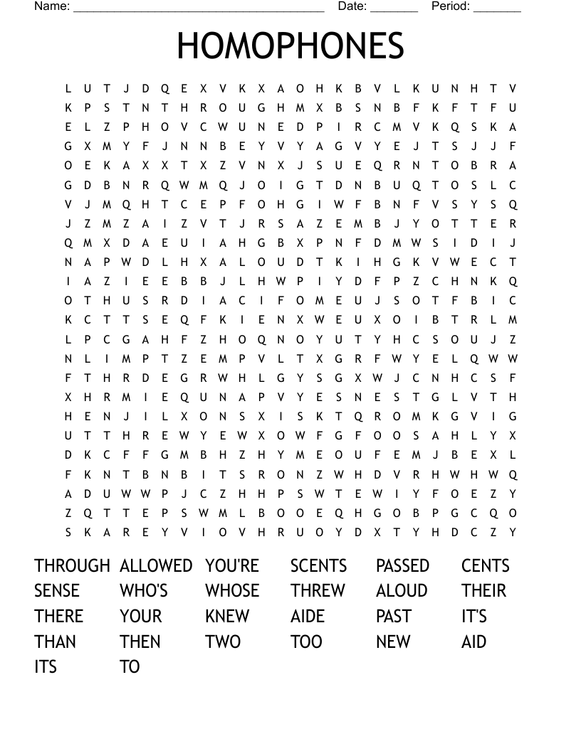 HOMOPHONES Word Search