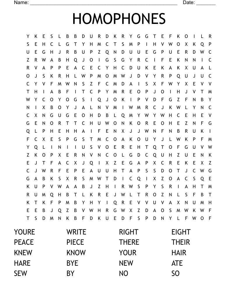 HOMOPHONES Word Search